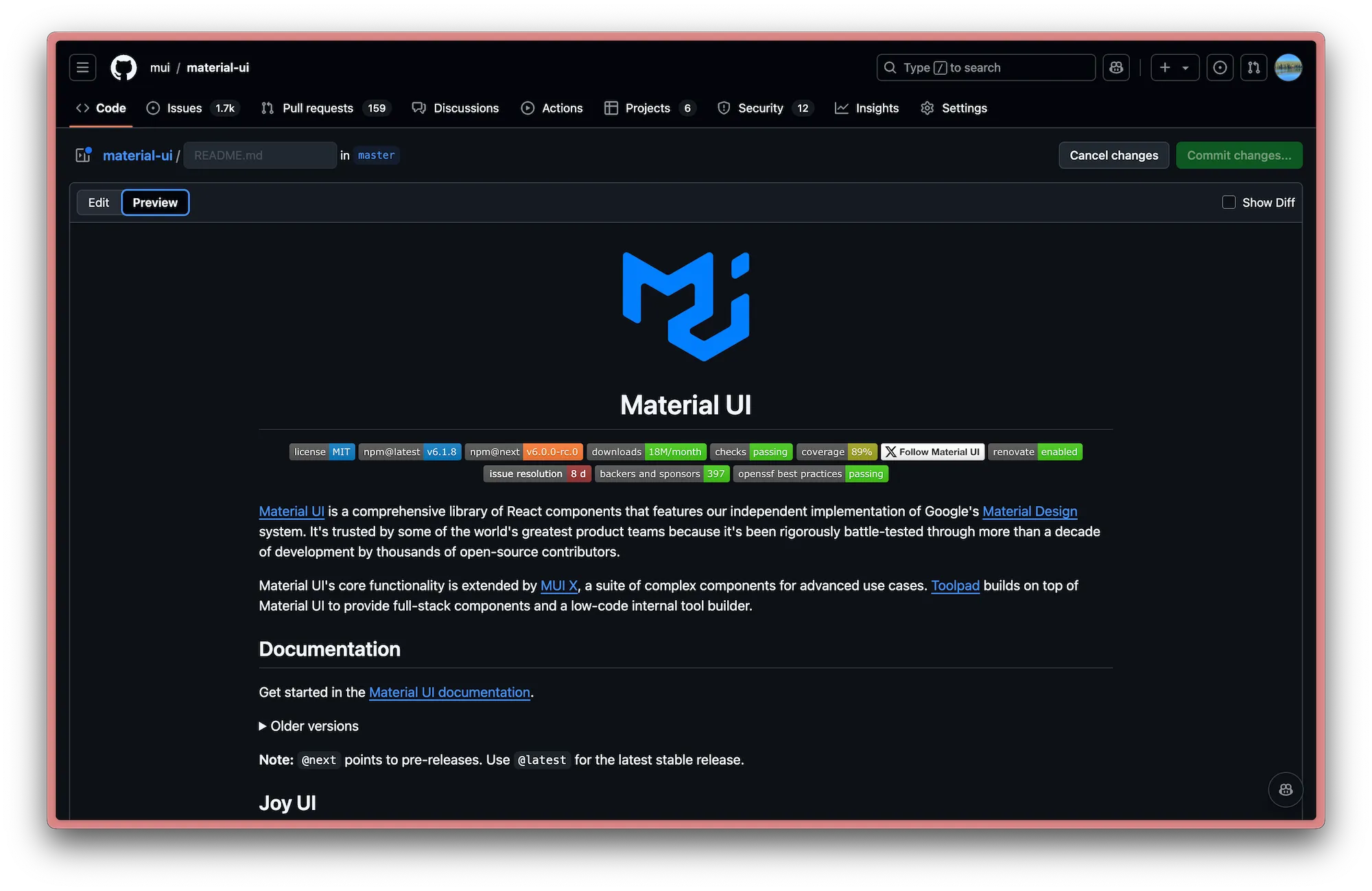 The Material UI repo README in dark mode with the MUI logo at the top.