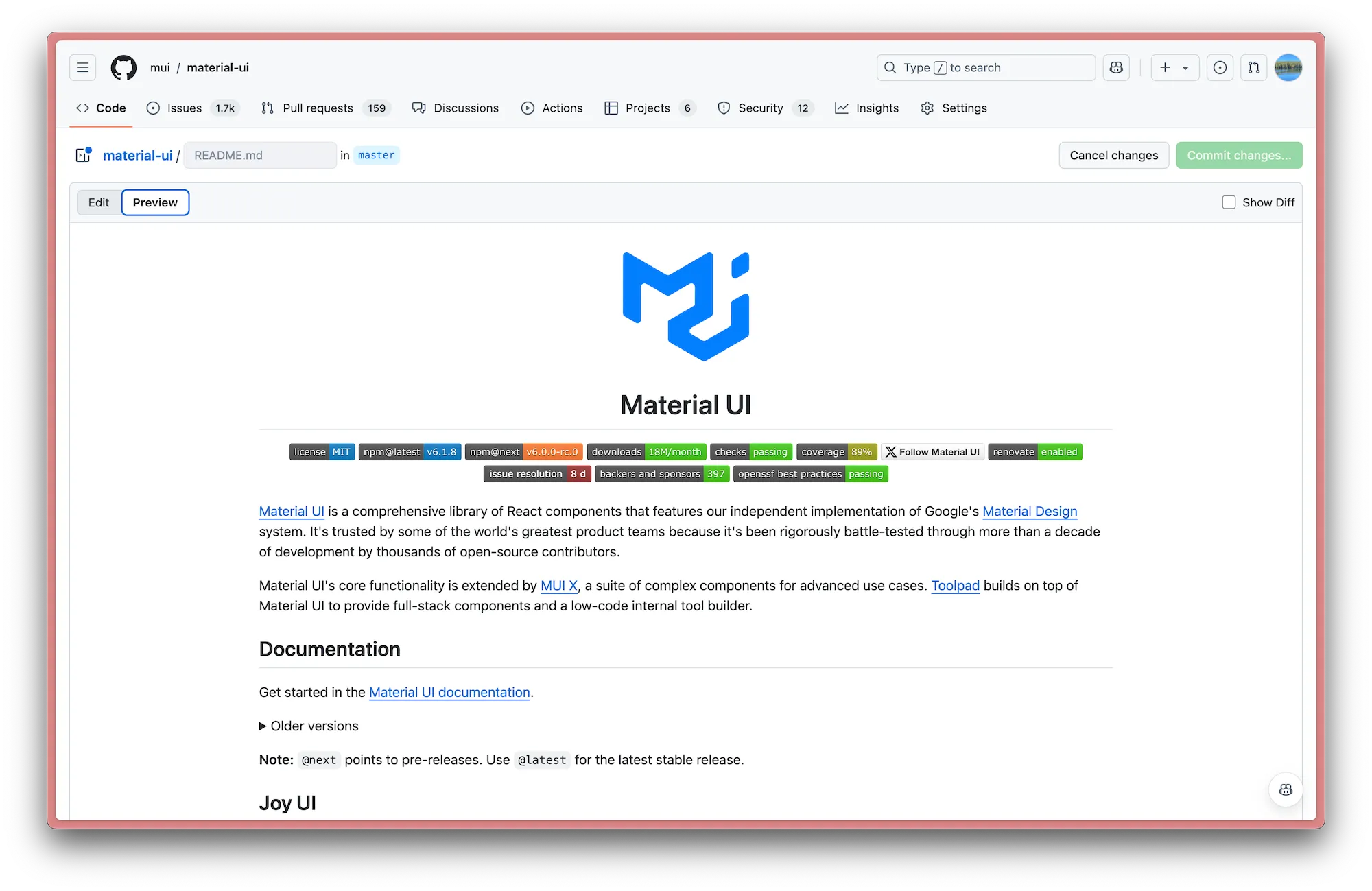 The Material UI repo README in light mode with the MUI logo at the top.